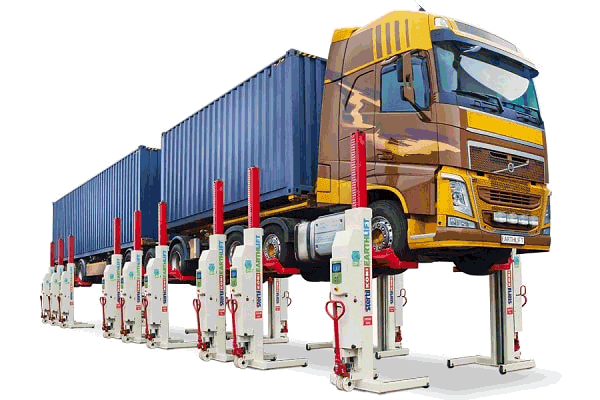 heavy duty truck lifted with Stertil-Koni regenerative mobile column lifts EARTHLIFT